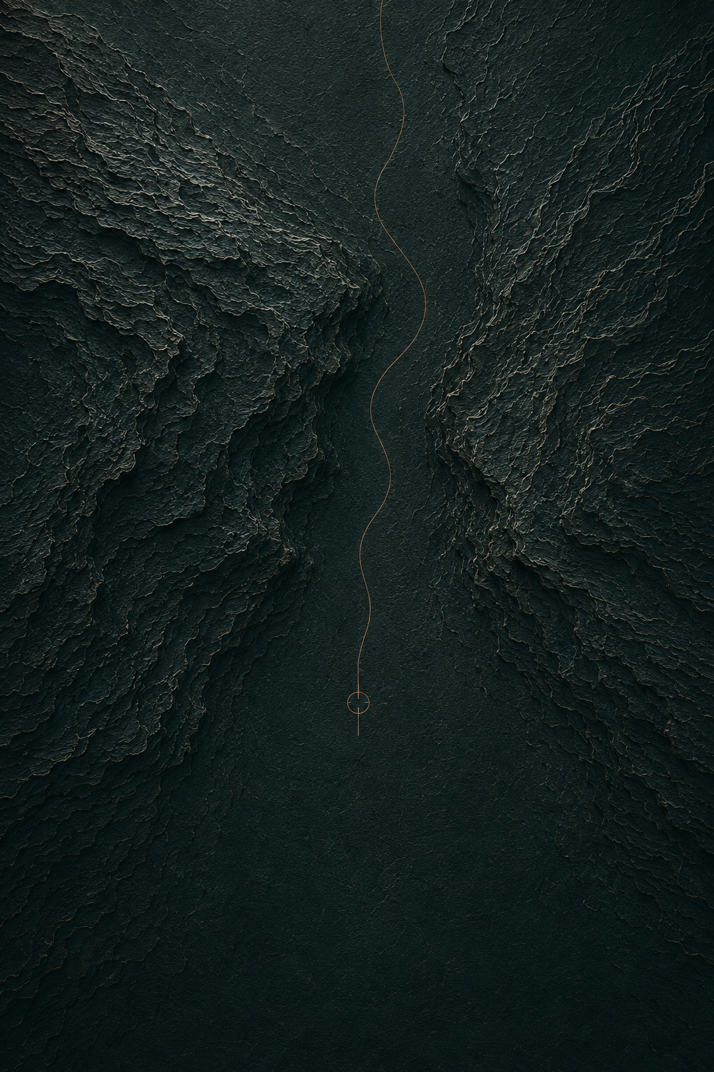 An abstract passage through complex terrain, marked by a single copper path.