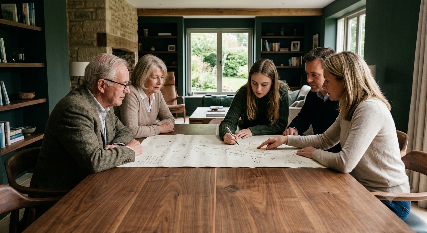 Three generations of a family gathered around a large map while the youngest person adds a mark